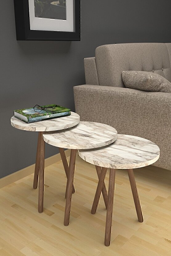 Mermer Desenli 3’lü Yuvarlak Zigon Sehpa Takımı – Ahşap Ayaklı, Modern Tarz, Kahve Ve Sunum Sehpası