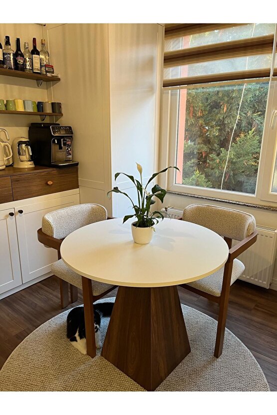 90 Cm Ceviz Ayaklı Ahşap Yemek Masası - Fungi Serisi - Çalışma Masası - Balkon ve Kafe Masası