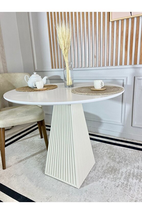 100 Cm Yuvarlak Beyaz Fitilli Ahşap Yemek Masası - Fungi Bohem Mantar Masa - Mutfak Balkon Kafe