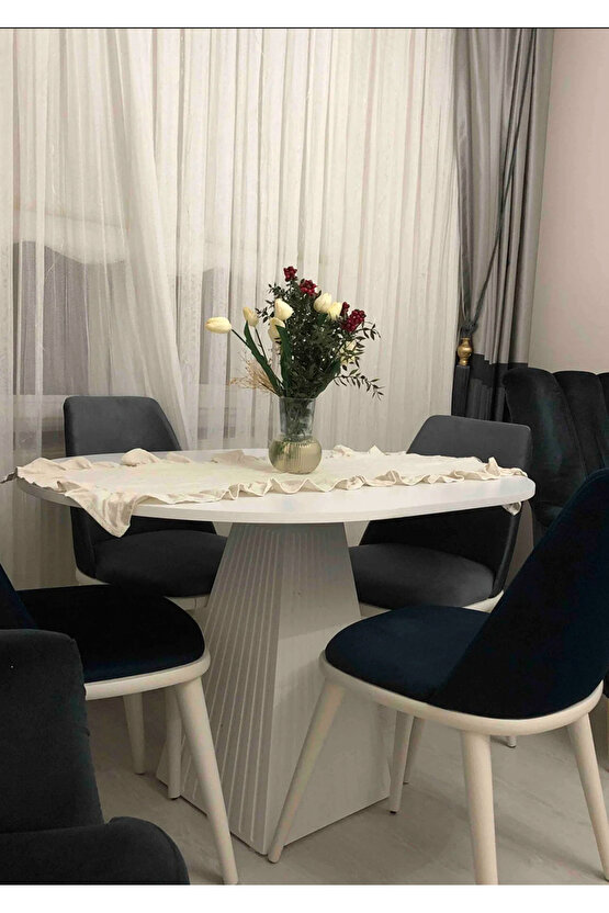 100 Cm Yuvarlak Beyaz Fitilli Ahşap Yemek Masası - Fungi Bohem Mantar Masa - Mutfak Balkon Kafe