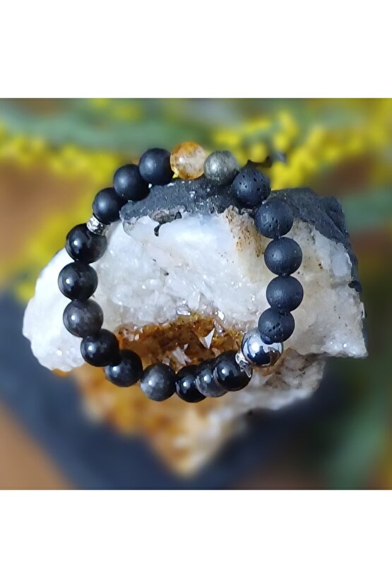 Dogaltas Obsidyen Erkek Koruma Bileklik Obsidyen Lav Tasi Pirit  Sitrin