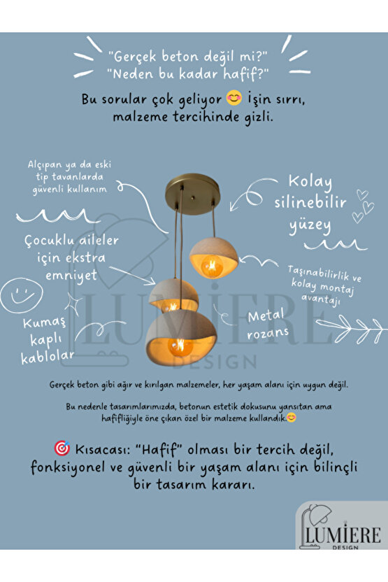 Beton Görünümlü İskandinav &Bohem Tarz 3’lü Sarkıt Avize -Profesyonel Tasarım,Gün Işığı Ampul İçerir