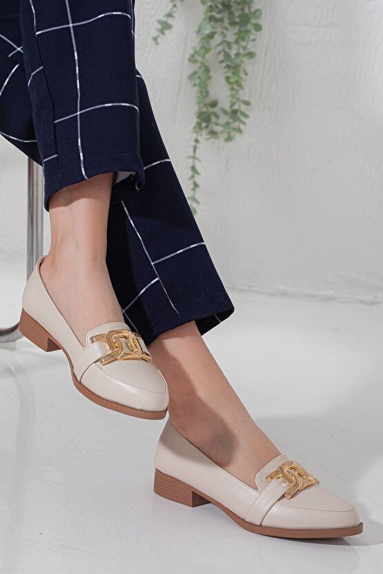 Kadın Metal Detaylı Loafer Babet Bej