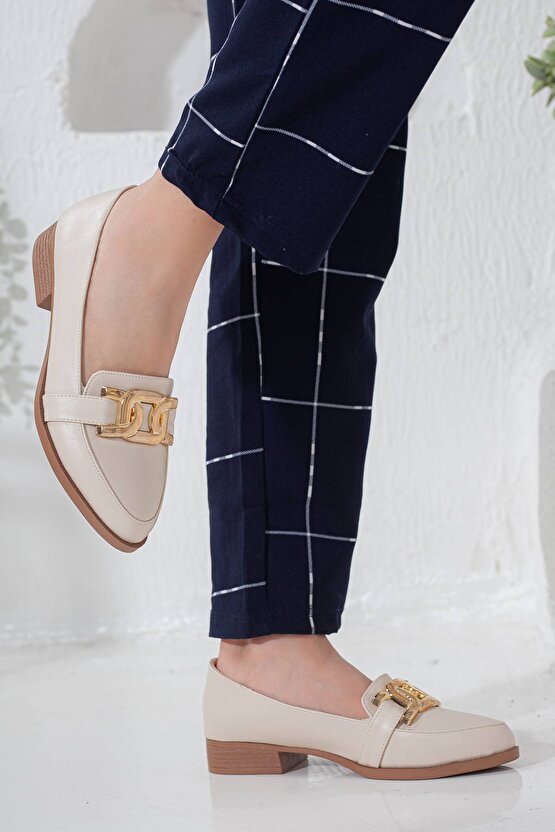 Kadın Metal Detaylı Loafer Babet Bej