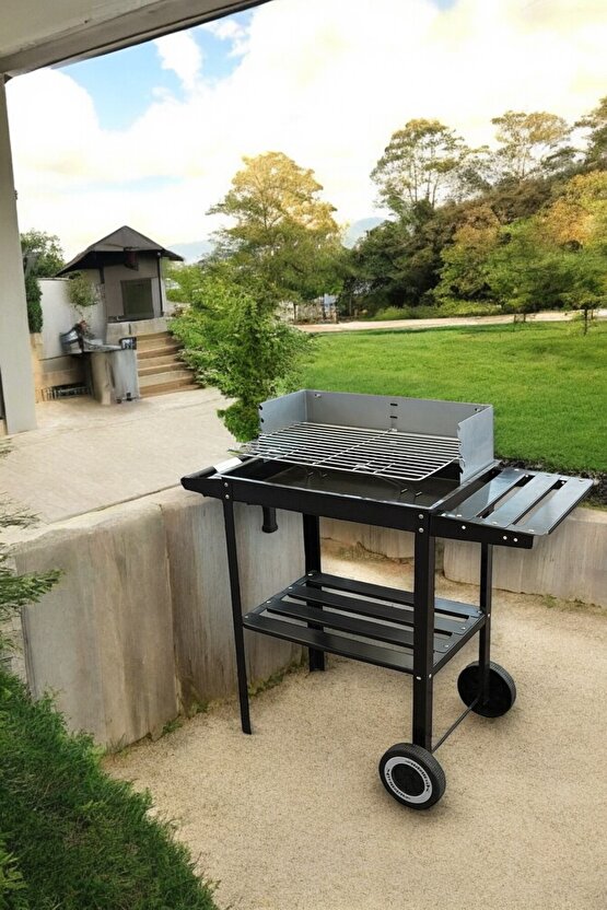 Pratik Kömürlü Mangal Rüzgar korumalı Barbekü-Yan ve orta Raflı Tekerlekli Mangal
