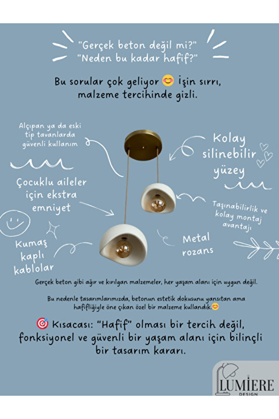 Beton Görünümlü İskandinav & Bohem Tarz 2’li Sarkıt Avize-Profesyonel Tasarım,Gün Işığı Ampul İçerir