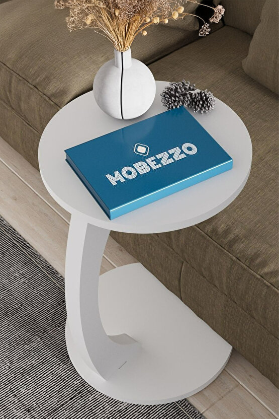 C Ayaklı Yan Sehpa Yuvarlak Koltuk Yanı Sehpası Laptop Kahve Kitap Sehpa Modeli Beyaz