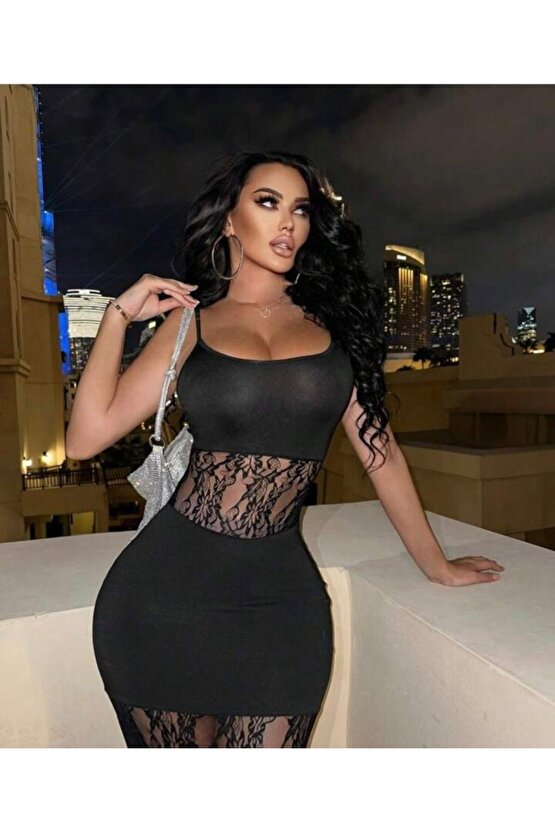 Myterrax Kadın Dalgıç Kumaş Dantel Detaylı Maxi Boy Elbise