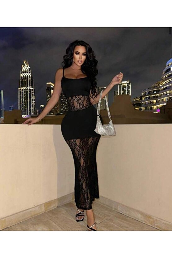 Myterrax Kadın Dalgıç Kumaş Dantel Detaylı Maxi Boy Elbise