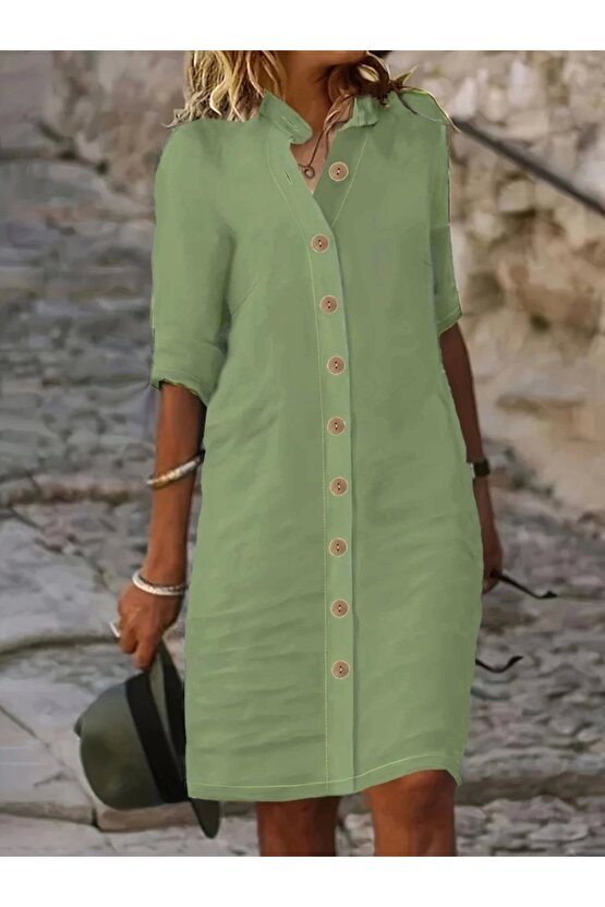 Kadın Kısa Kollu Hakim Yaka Önden Düğmeli Kısa Müslim Elbise