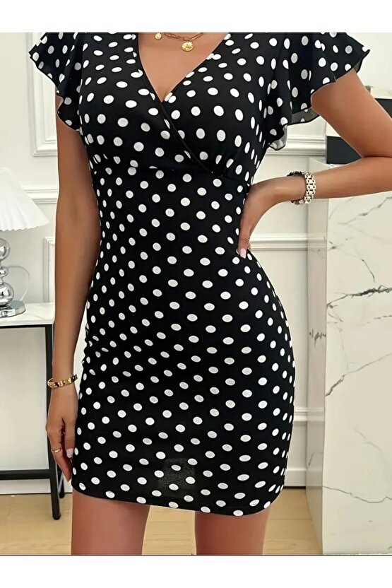 Kadın Kısa Kollu Kruvaze Yakalı örme Puantiyeli Krep Elbise