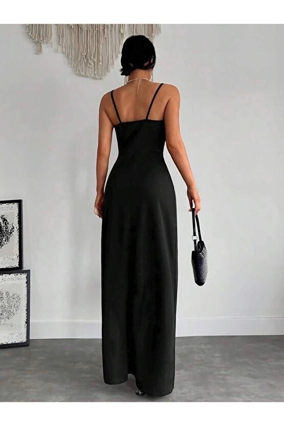 Myterrax Kadın Askılı Kruvaze Yakalı Yırtmaçlı Krep Elbise