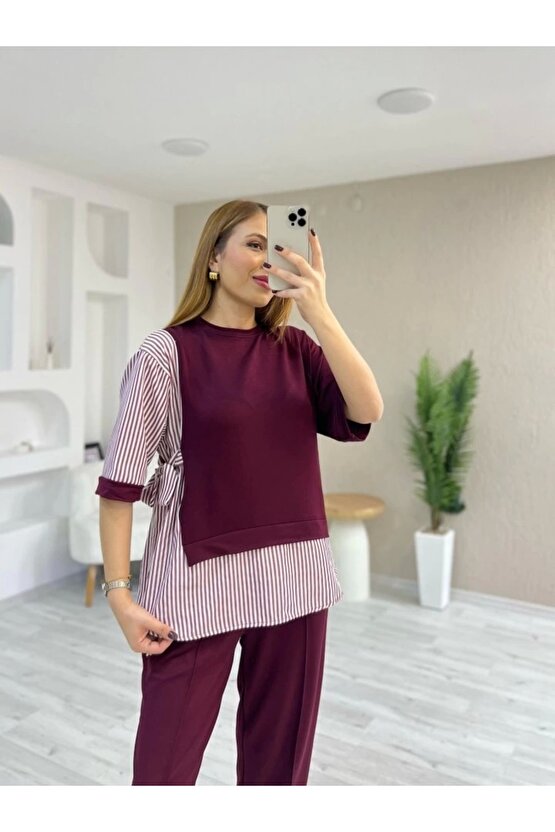 Kadın Kristal 2 Iplik Kumaş Yanları Çizgili Takım