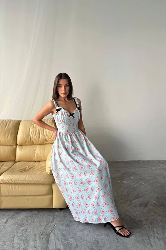 Bebe Mavi Önü Fiyonklu Çiçekli Elbise