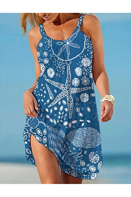 Kadın Askılı Deniz Yıldızı Desenli Süprem Elbise
