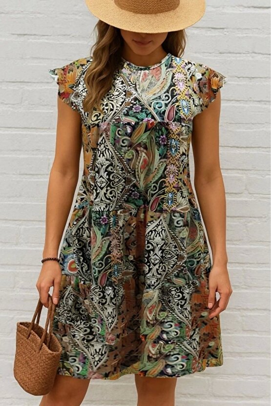 Kadın Kısa Kollu Kolları Fırfırlı Bisiklet Yakalı Kare Desenli Elbise