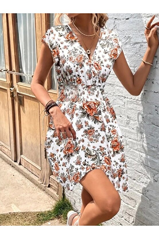Kadın Kısa Kollu Kruvaze Yakalı çiçekli Desenli Süprem Elbise