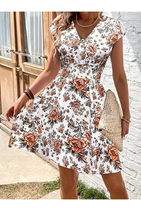 Kadın Kısa Kollu Kruvaze Yakalı çiçekli Desenli Süprem Elbise