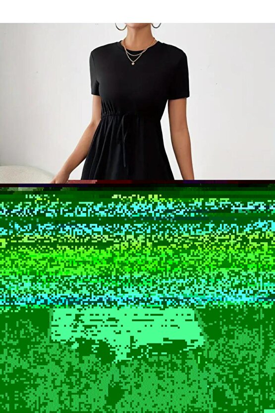 Kadın Kısa Kollu Bisiklet Yaka Belden Bağcıklı Cepli Viskon Elbise