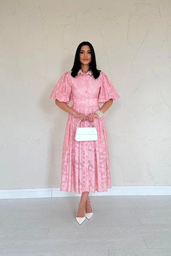 Pembe Kemerli Balon Kollu Elbise