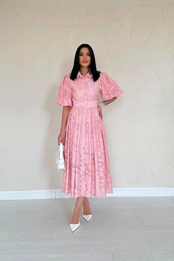 Pembe Kemerli Balon Kollu Elbise