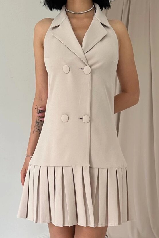 Bej Sırtı Açık Ceket Yakalı Elbise