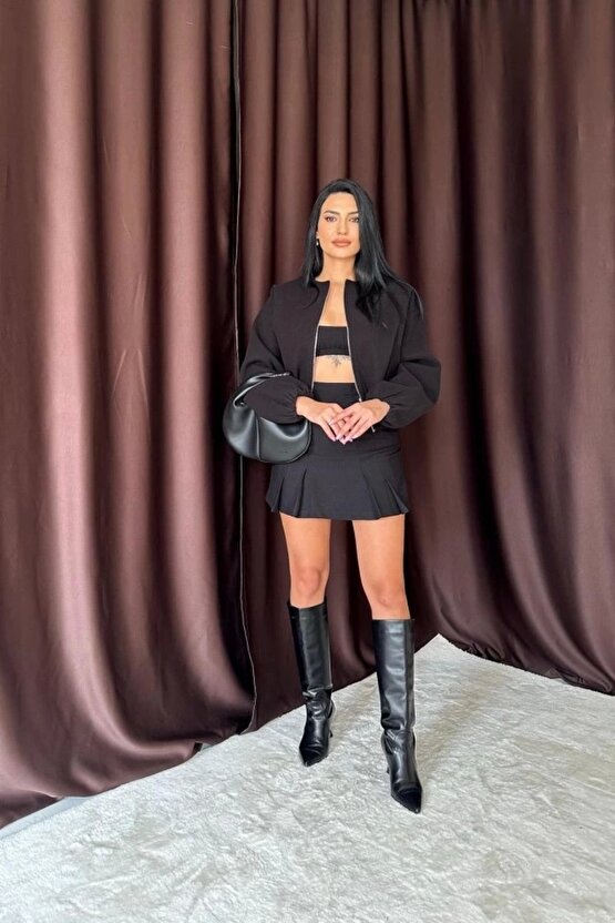 eyesof Siyah Kısa Önü Fermuarlı Bomber Ceket