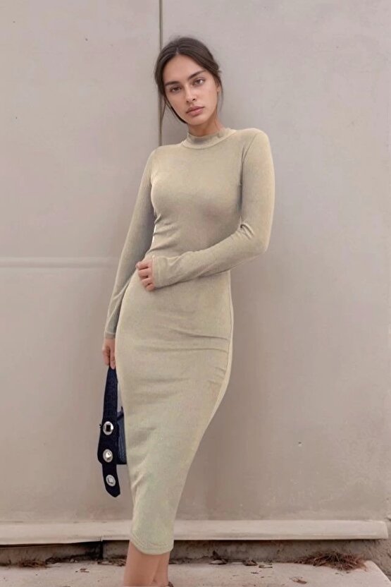 Kadın Yarım Balıkçı Yaka Süet Kumaş Fırsat Ürün Midi Boy Elbise