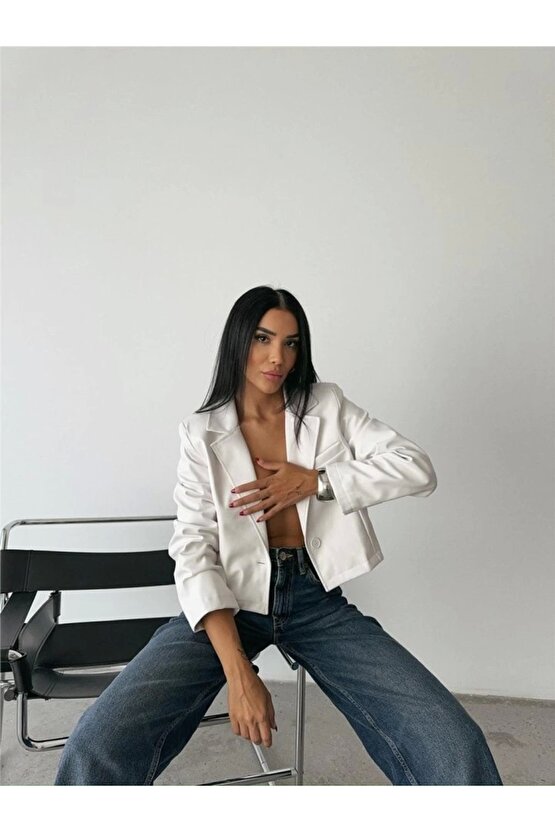 Deri Crop Ceket Tek Düğme - Beyaz