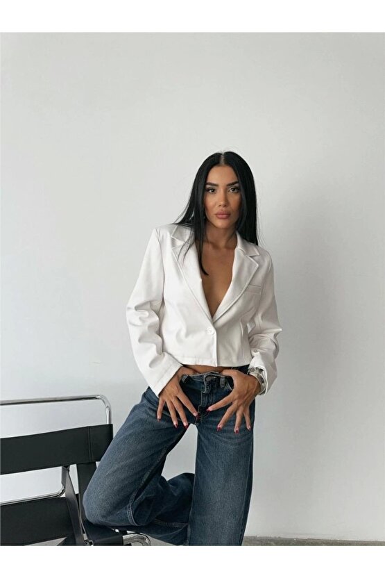 Deri Crop Ceket Tek Düğme - Beyaz