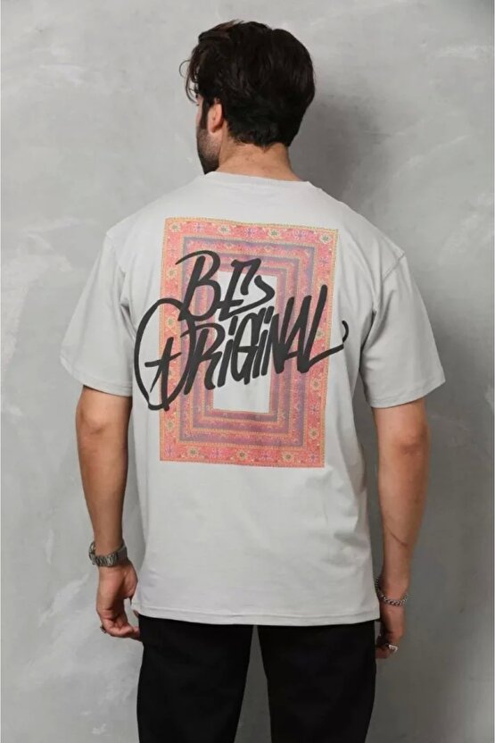 eyesof Unisex Bisiklet Yaka Baskılı Oversize T-Shirt - Gri