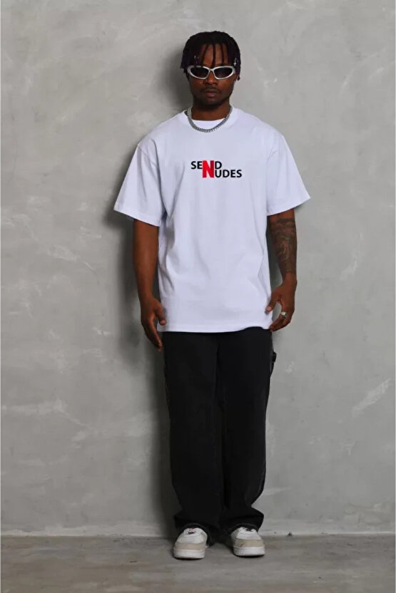 Moda Shop & Butik Unisex Bisiklet Yaka Double Oversize Baskılı T-shirt - Beyaz