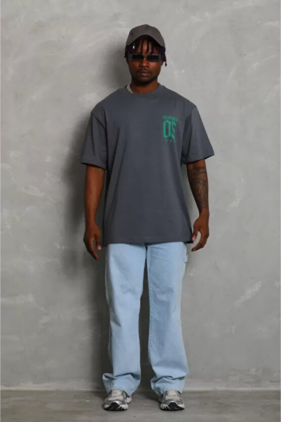 Unisex Oversize Baskılı Bisiklet Yaka T-shirt - Füme