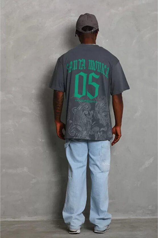 Unisex Oversize Baskılı Bisiklet Yaka T-shirt - Füme