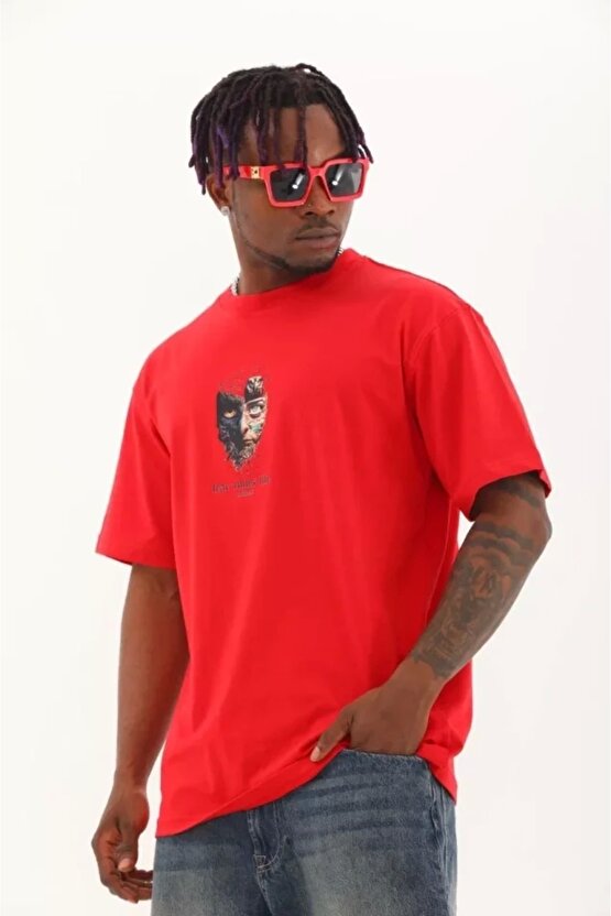 Ahes Shopping Unisex Oversize Baskılı Bisiklet Yaka T-shirt - Kırmızı
