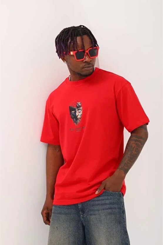 Ahes Shopping Unisex Oversize Baskılı Bisiklet Yaka T-shirt - Kırmızı