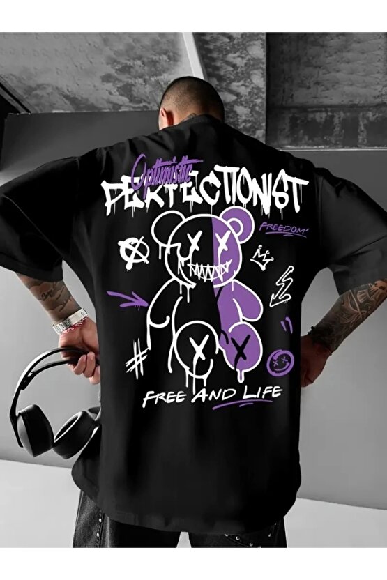 Baskılı Oversize Bisiklet Yaka T-shirt - Siyah