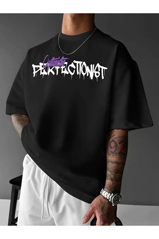 Baskılı Oversize Bisiklet Yaka T-shirt - Siyah