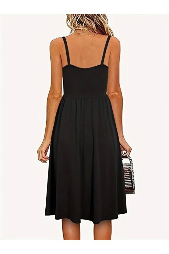 Kadın Ip Askılı V Yakalı Kısa Viskon Elbise