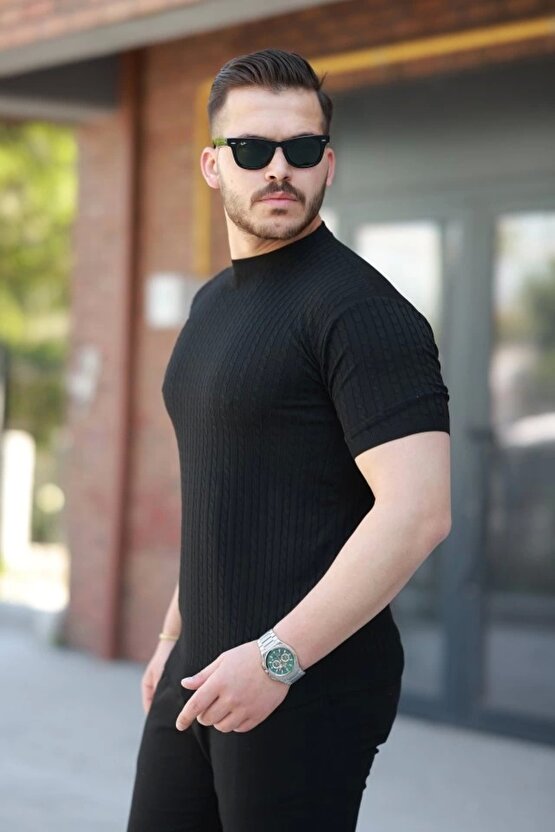 Erkek Bisiklet Yaka Örgü Desenli Kısa Örme Triko Kısa Kollu T-shirt