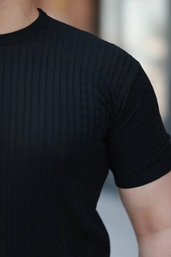 Erkek Bisiklet Yaka Örgü Desenli Kısa Örme Triko Kısa Kollu T-shirt