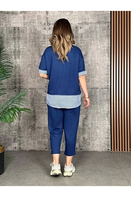 Kadın Modal Kumaş çizgili Gömlek Yaka Ikili Takım