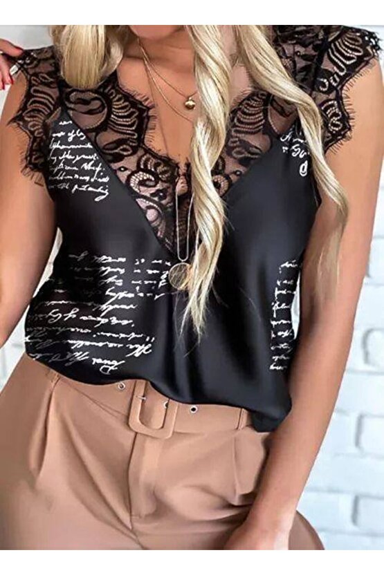 Myterrax Kadın Mektup Desenli Dantel Detaylı Mikro Kumaş Bluz