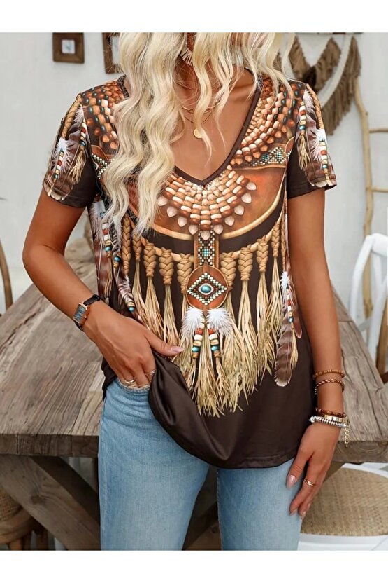 Myterrax Kadın Kısa Kollu V Yakalı Kısa Kollu Salaş Desenli Süprem Bluz