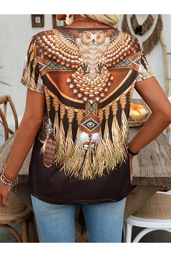 Myterrax Kadın Kısa Kollu V Yakalı Kısa Kollu Salaş Desenli Süprem Bluz