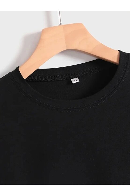 Baskılı Oversize Bisiklet Yaka T-shirt - Siyah