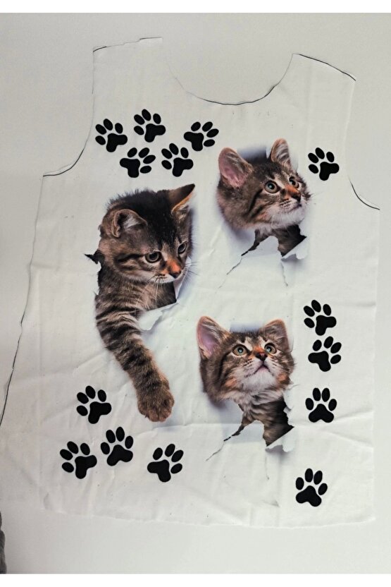 Kadın Kısa Kollu Kedi Ve Pati Baskılı Süprem T-shirt