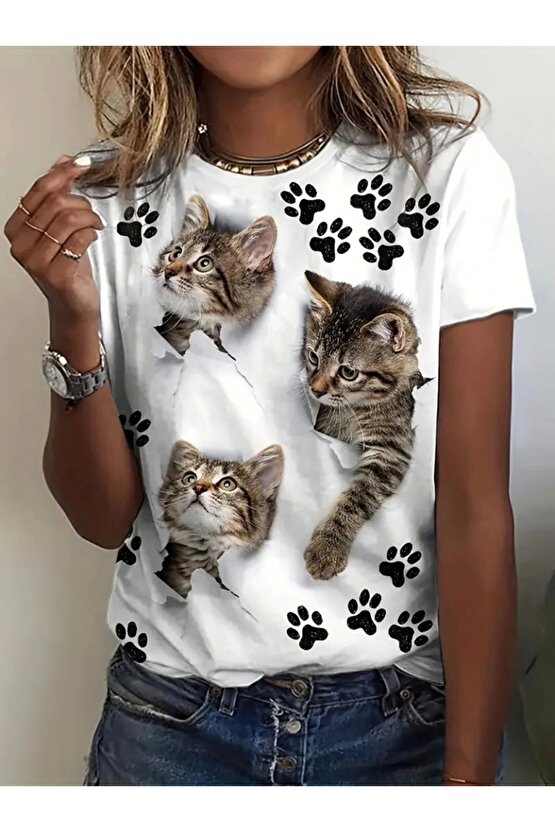 Kadın Kısa Kollu Kedi Ve Pati Baskılı Süprem T-shirt