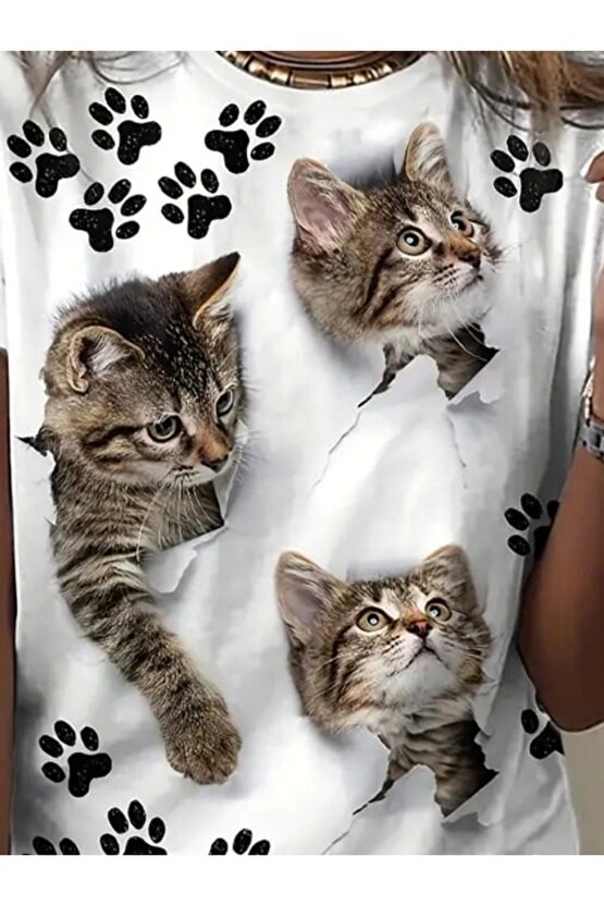 Kadın Kısa Kollu Kedi Ve Pati Baskılı Süprem T-shirt