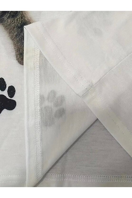 Kadın Kısa Kollu Kedi Ve Pati Baskılı Süprem T-shirt